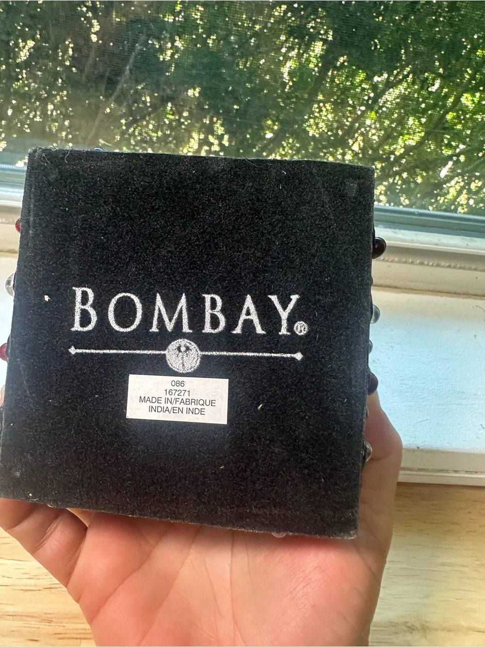 Bombay Co beaded caddy with four glass 2 x 5” x 2 x 5” photo coaster set